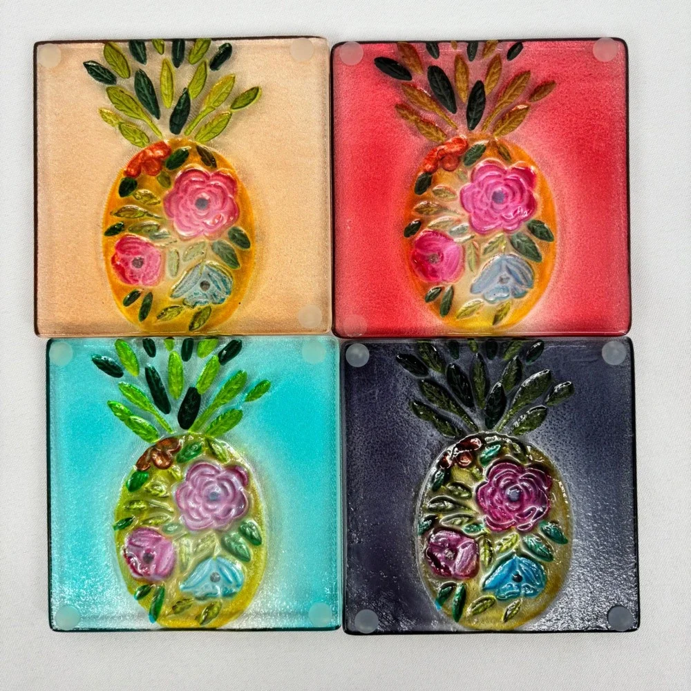 Floral Pineapple Fused Glass Coasters Set of 4 Multicolor Tropical Boho Decor
